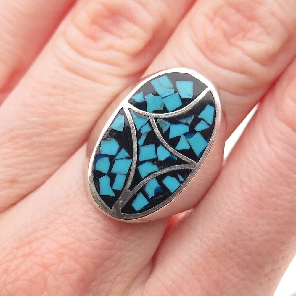Old Pawn Sterling Silver Vintage Southwestern Turquoise Inlay Tribal Ring Size 8